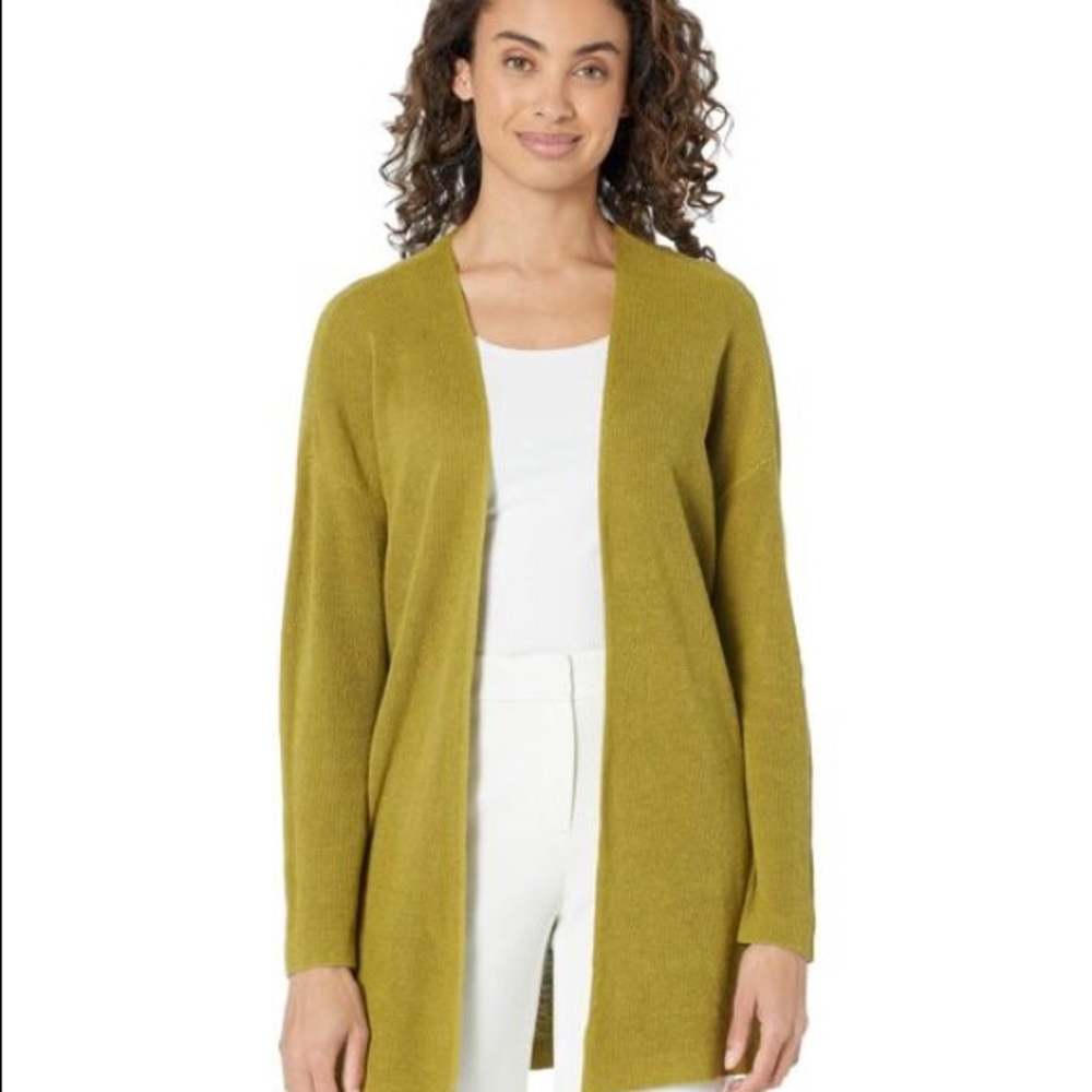 Eileen Fisher 100% Organic Linen Open Boxy Cardigan Size L Green